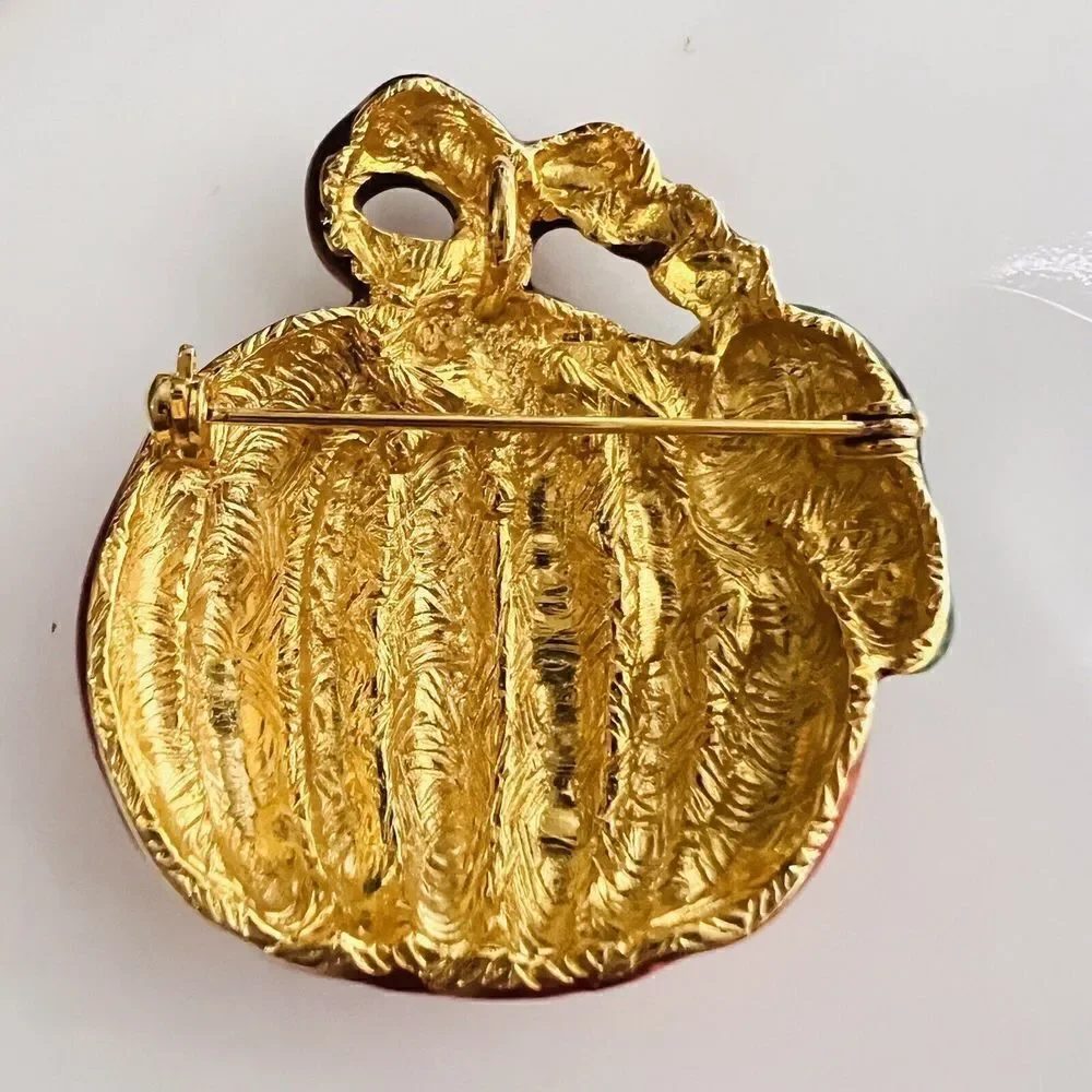 Vintage Brooch Pumpkin Thanksgiving Gold Orange Rhinestone Large Holiday 4355